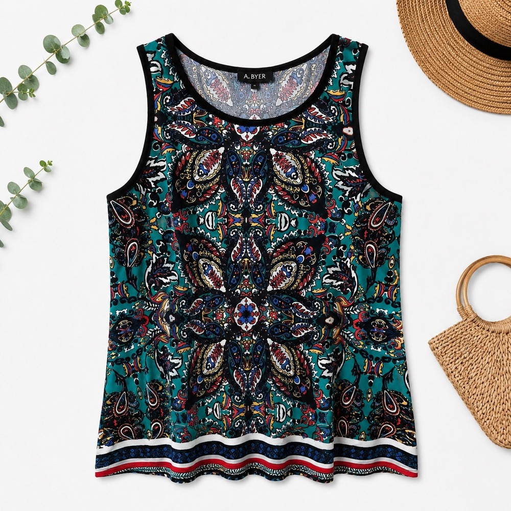 A. Byer Womens Teal Multi Color Paisley Kaleidoscope Scoop Neck Tank Top‎ Size M